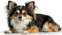 Small long-haired Chihuahua dog with tricolor coat lying down on white background, isolated pet portrait for design projects and merchandise.