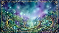 Enchanted forest landscape with glowing magical lights, ancient twisted trees, and mystical aurora sky in purple and green tones, suitable for fantasy artwork, book covers, and digital design projects.