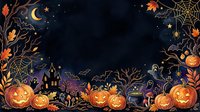 Spooky autumn night scene with glowing jack-o-lanterns, haunted castle, bare branches, spider webs, bats, moon and stars on dark background. Halloween celebration design.