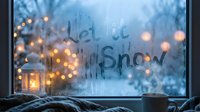 Frosted winter window with Let It Snow written on condensation, cozy lantern and mug on sill, warm bokeh lights glowing through snowy scene.