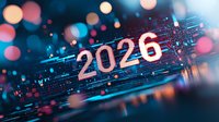 Futuristic digital number 2026 on technological background with glowing pink and blue bokeh lights and circuit patterns creating modern tech atmosphere.