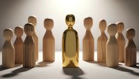 Golden figure standing out among wooden figures representing leadership, uniqueness and business success concepts for corporate presentations.