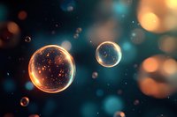 Glowing magical spheres with sparkles floating in dark turquoise space, mysterious bokeh lights creating dreamy atmospheric background for fantasy designs.