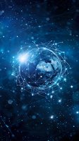 Digital Earth surrounded by network connections on deep blue background with glowing nodes representing global technology and communication systems.