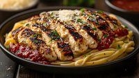 Grilled chicken breast with grill marks sliced and served over pasta with marinara sauce, garnished with fresh herbs and grated parmesan cheese on dark plate.
