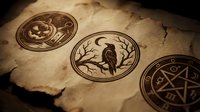 Ancient mystical symbols engraved on aged parchment featuring owl, skull and pentagram designs for occult themed projects and esoteric artwork.