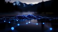 Glowing blue dots floating over dark water surface against mountain silhouettes at twilight create magical atmosphere for fantasy and nature designs.