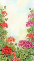 Watercolor geranium garden frame with red and pink blooms, lush green leaves, and soft pastel sky, leaving copy space for text or design.
