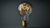 Glowing lightbulb filled with golden mechanical gears and cogs against dark background, symbolizing innovation, creativity and technological advancement.