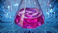 Laboratory flask with pink liquid swirling in futuristic digital environment with circuit board patterns and glowing technology elements for science research.
