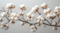 Cotton plant branches with fluffy white bolls and dried seed pods isolated on neutral background, suitable for textile, fabric, and natural fiber design projects.