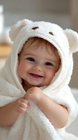Smiling baby wearing white hooded bear towel after bath, wrapped in soft terry cloth. Close up portrait showing joyful expression and rosy cheeks in natural light.