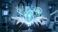 Healthcare professional displaying holographic medical icons including heart, brain and lungs with digital network connections in modern hospital setting.