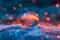 Magical frozen soap bubble on snow with orange sunset bokeh lights creating dreamy winter atmosphere. Macro photography with shallow depth of field.