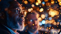 Mature African American man with glasses and beard gazing thoughtfully against blurred festive bokeh lights creating magical evening atmosphere. Contemplative senior portrait.