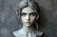 Young woman with silver hair and intense gaze in dramatic monochromatic portrait against textured dark background. Ethereal beauty with delicate features and pale complexion.