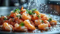 Juicy grilled shrimp garnished with fresh herbs and spices captured in dynamic splash moment with water droplets, close-up on dark background for menu design.