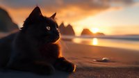 Black cat resting on sandy beach at golden sunset with dramatic coastal cliffs and ocean waves in background, creating magical atmospheric scene.