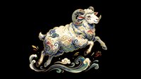Ornate ram leaping over decorative waves with gold, blue, and red embellishments on transparent background. Ready for t-shirt designs, clipart, stickers, sublimation, and print-on-demand products.