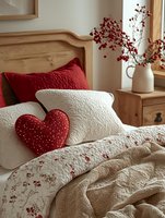 Cozy bedroom interior with red heart pillow, floral bedding, and winter berries in white vase. Natural wood furniture and soft textured textiles create romantic atmosphere.
