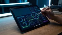 Digital tablet displaying futuristic interface with glowing circuits and data visualization for technology and innovation projects.