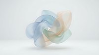 Abstract translucent geometric sculpture with flowing curved forms in soft blue, pink and green tones on white background for modern design projects.