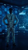 Digital businessman silhouette with circuit pattern standing in futuristic control room with holographic displays and data visualization screens.