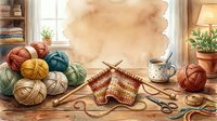 Colorful yarn balls and knitting needles arranged on wooden table with partially completed knitted swatch, scissors, and cozy home interior background for craft and hobby projects.
