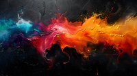 Vibrant abstract cosmic nebula with swirling orange, red, pink and turquoise colors against dark background, featuring dynamic fluid motion and ethereal smoke effects.