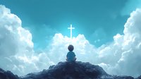 Young person sitting alone on mountain peak gazing at glowing cross in dramatic turquoise sky with white puffy clouds, spiritual contemplation scene.