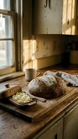 Rustic sourdough bread loaf with scoring marks sits on wooden cutting board beside butter and ceramic mug in vintage kitchen with natural sunlight streaming through window.