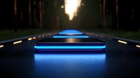 Illuminated runway lights glowing blue at dusk, creating futuristic path through dark forest with sunset in background. Modern aviation or technology concept.