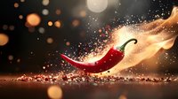Red hot chili pepper with fire flame and burning sparks on dark background with bokeh lights, dramatic food photography for spicy cuisine concept.