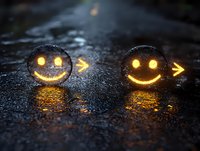 Glowing neon smiley faces with arrows drawn on wet asphalt surface at night. Illuminated emoji symbols reflect on dark rainy pavement creating magical street art atmosphere.