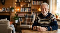 Senior man with white hair and beard wearing patterned sweater sitting at wooden table in cozy living room with fireplace, bookshelves and warm lighting for lifestyle and home themes.