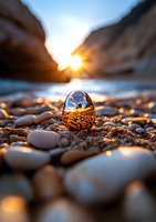 Crystal sphere on pebble beach reflecting sunset sky and mountains, with golden sunburst and bokeh lights creating magical atmosphere on rocky shore.