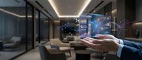 Businessman hand holding holographic digital interface with data analytics in modern office space showcasing futuristic technology and smart business solutions.