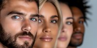 Diverse group of young adults in profile lineup showing different ethnicities and genders, representing unity and inclusion in modern society.