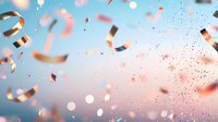 Festive rose gold and copper confetti falling against soft blue sky background with bokeh lights creates magical celebratory atmosphere.