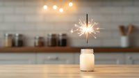 Glowing sparkler in mason jar on wooden table creates magical holiday atmosphere against blurred kitchen background with warm lights and spice jars.
