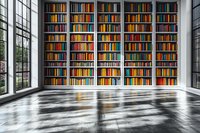 Modern library interior with floor-to-ceiling bookshelves filled with colorful books, large windows, and reflective marble flooring creating dramatic lighting effect.
