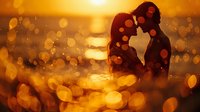 Romantic silhouette of young couple at golden sunset with bokeh light effects and ocean backdrop, perfect for Valentine's day cards, wedding invitations and relationship concepts.