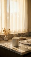 Cozy morning scene with steaming coffee mug on marble table near sunny window with dried wheat stems in ceramic vase creating warm peaceful atmosphere.