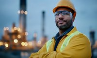 Confident construction worker in yellow safety gear and hard hat at industrial site with illuminated refinery in background at dusk.