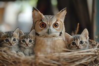 Unusual animal friendship - great horned owl sitting in nest with three small gray kittens, showing surprising maternal behavior and interspecies bonding in nature.