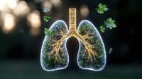Glowing translucent human lungs with golden bronchial tree structure and floating green leaves against dark background, representing nature and respiratory health concept.
