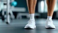 Athletic legs in white sneakers and socks on gym floor, close-up view showing muscular calves during workout or fitness training session.