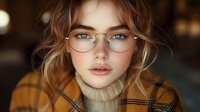 Portrait of young Caucasian woman with blue eyes wearing round glasses and turtleneck sweater against blurred background. Soft natural lighting highlights facial features.