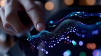 Futuristic visualization of data flow with glowing particles forming dynamic wave pattern against dark background, finger touching digital interface.