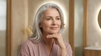 Mature woman with silver hair wearing mauve sweater, hand near chin in thoughtful pose, soft natural lighting in modern interior setting for lifestyle and wellness content.